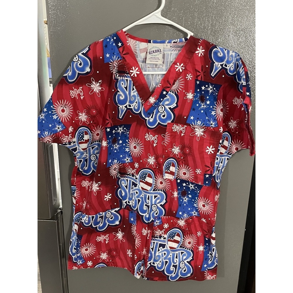 S.C.R.U.B.S. Women's Small Patriotic USA Red White Blue Scrub Top American‎